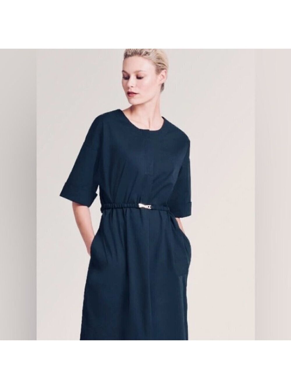 ** Donna Karan Navy Belted Button Front Premium Poplin Dress Size XXS